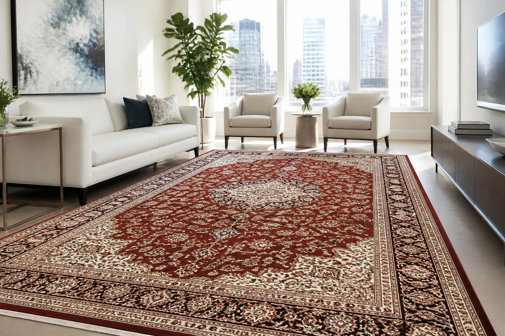 Large patterned oriental rug on the floor of a bright sunlit contemporary Manhattan living room