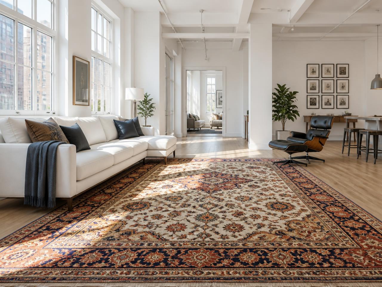 Freshly cleaned patterned oriental area rug in a bright modern Manhattan loft apartment