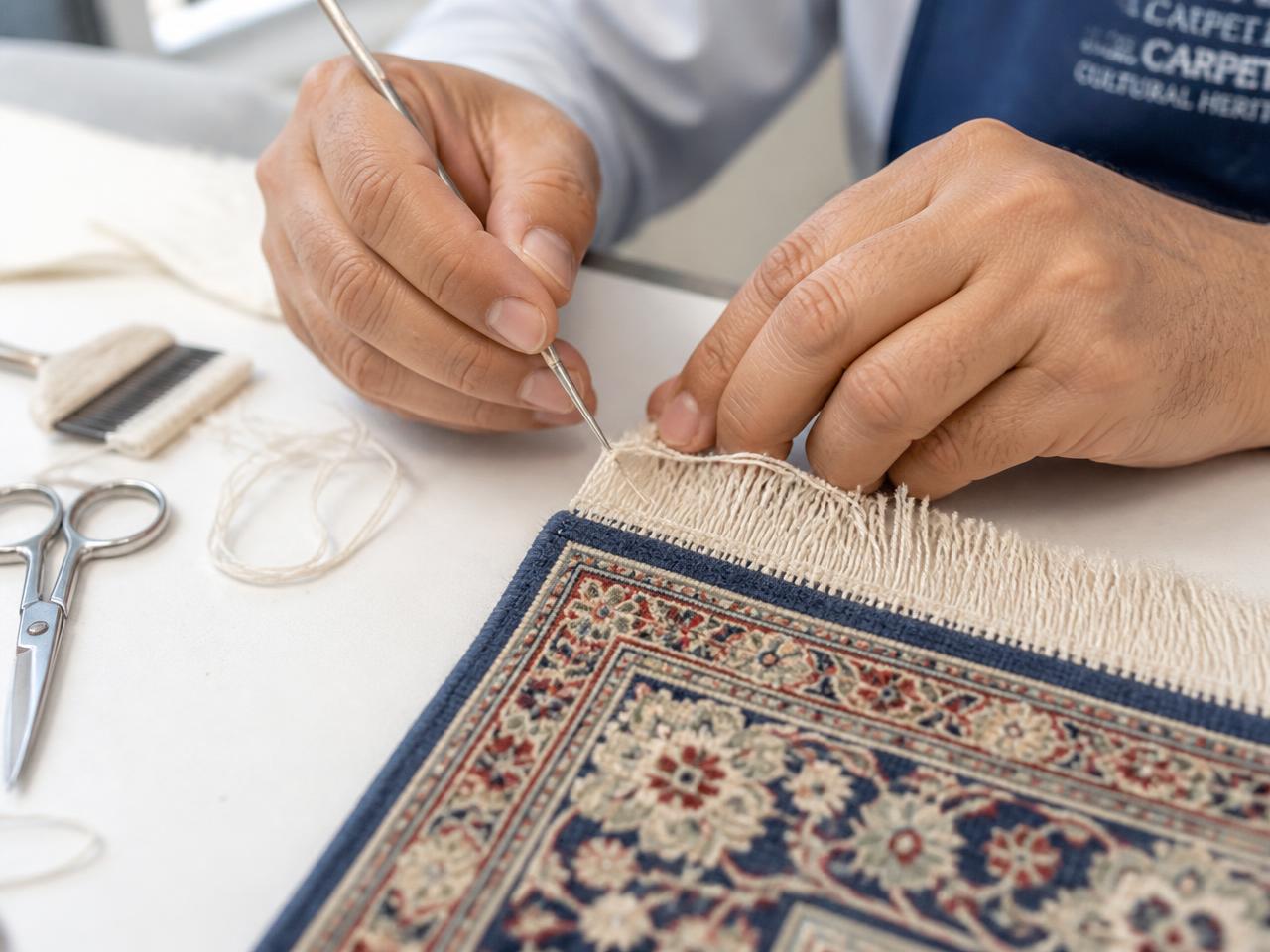 Rug specialist hand-repairing the fringe of a fine Persian rug on a bright worktable